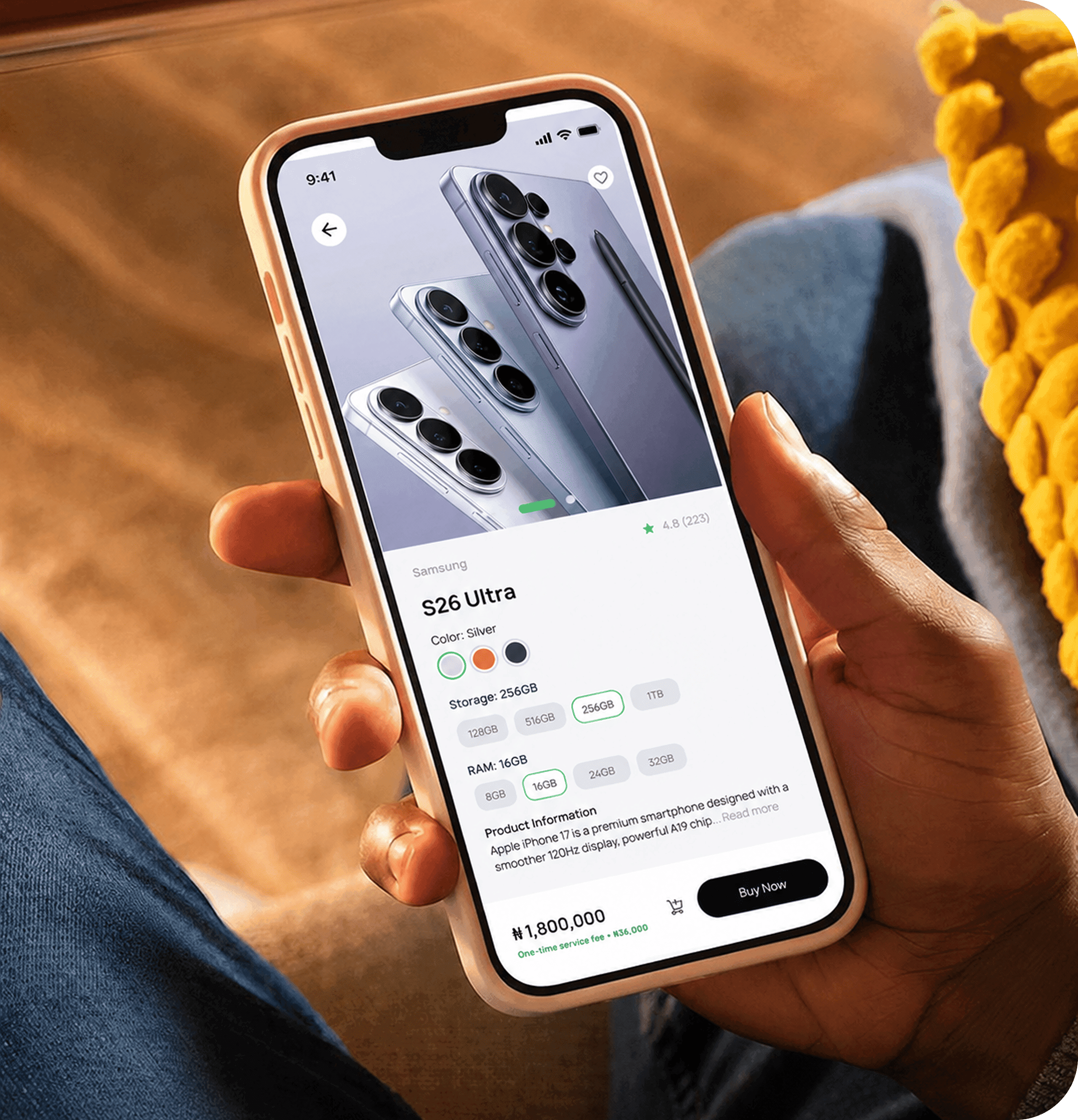 Hand holding phone showing a product page in the Credla app